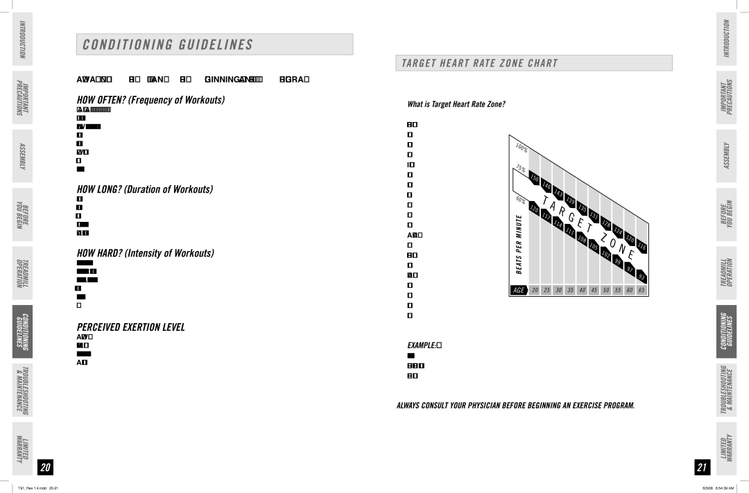 Horizon Fitness T91 manual Conditioning Guidelines, Target Heart Rate Zone Chart, Perceived Exertion Level, Example 