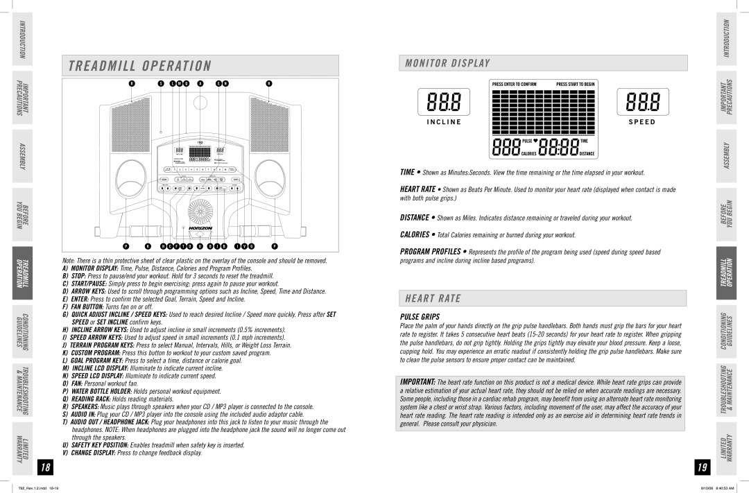 Horizon Fitness T92 manual Treadmill Operation, Monitor Display, Heart Rate, Pulse Grips 