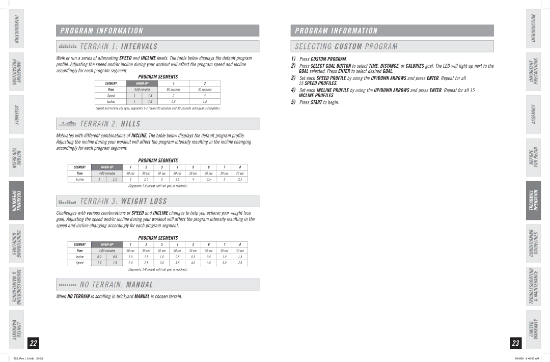 Horizon Fitness T92 manual Terrain 1 Intervals, Terrain 2 Hills, Terrain 3 Weight Loss, No Terrain Manual 