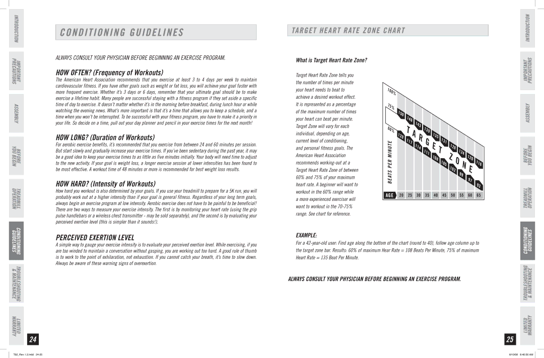 Horizon Fitness T92 manual Conditioning Guidelines, Target Heart Rate Zone Chart, Perceived Exertion Level, Example 