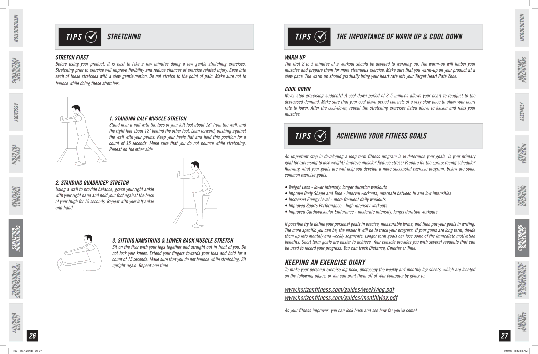 Horizon Fitness T92 manual P S Stretching, P S Achieving Your Fitness Goals, Keeping AN Exercise Diary 