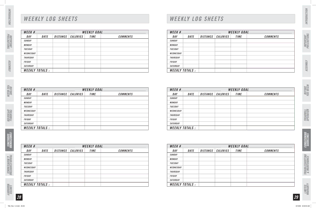 Horizon Fitness T92 manual Weekly LOG Sheets, Week #, Weekly Totals 