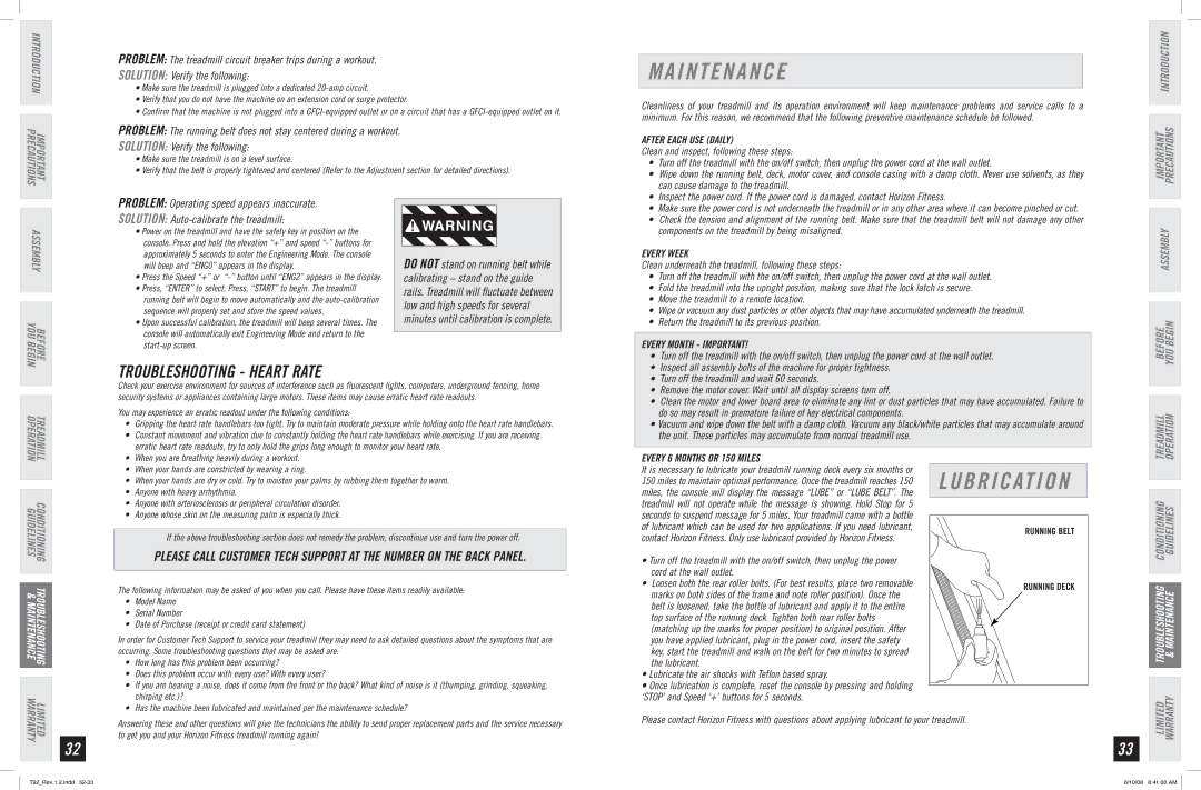 Horizon Fitness T92 manual I N T E N a N C E, Troubleshooting Heart Rate 