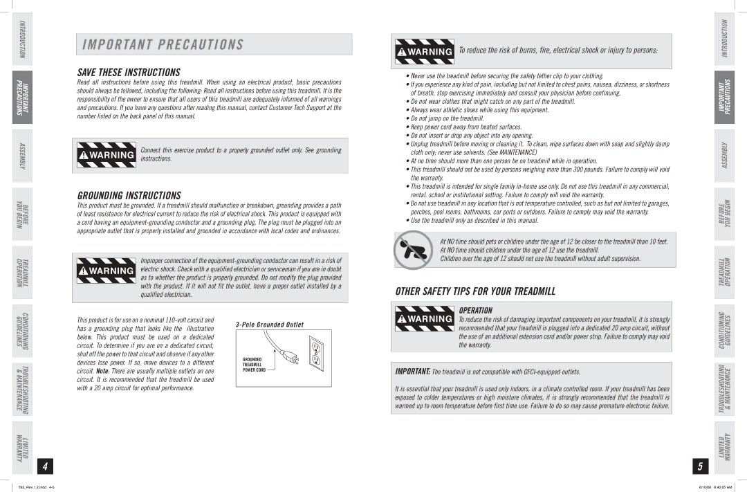 Horizon Fitness T92 manual Important Precautions, Grounding Instructions, Operation 