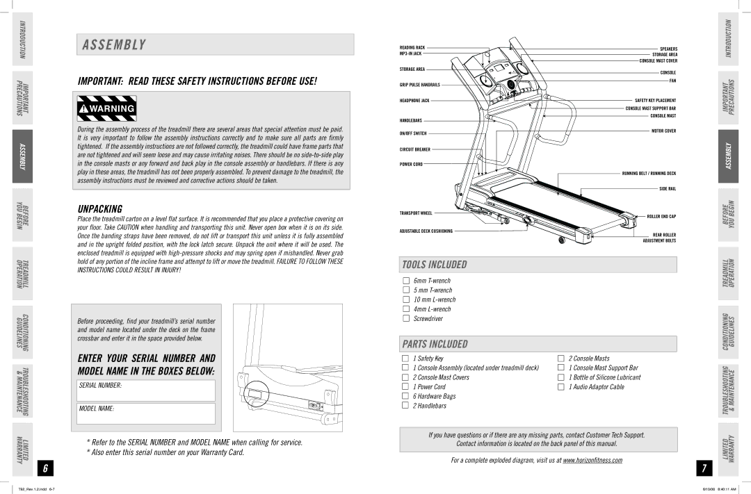 Horizon Fitness T92 manual S E M B Ly, Unpacking, Tools Included, Parts Included 