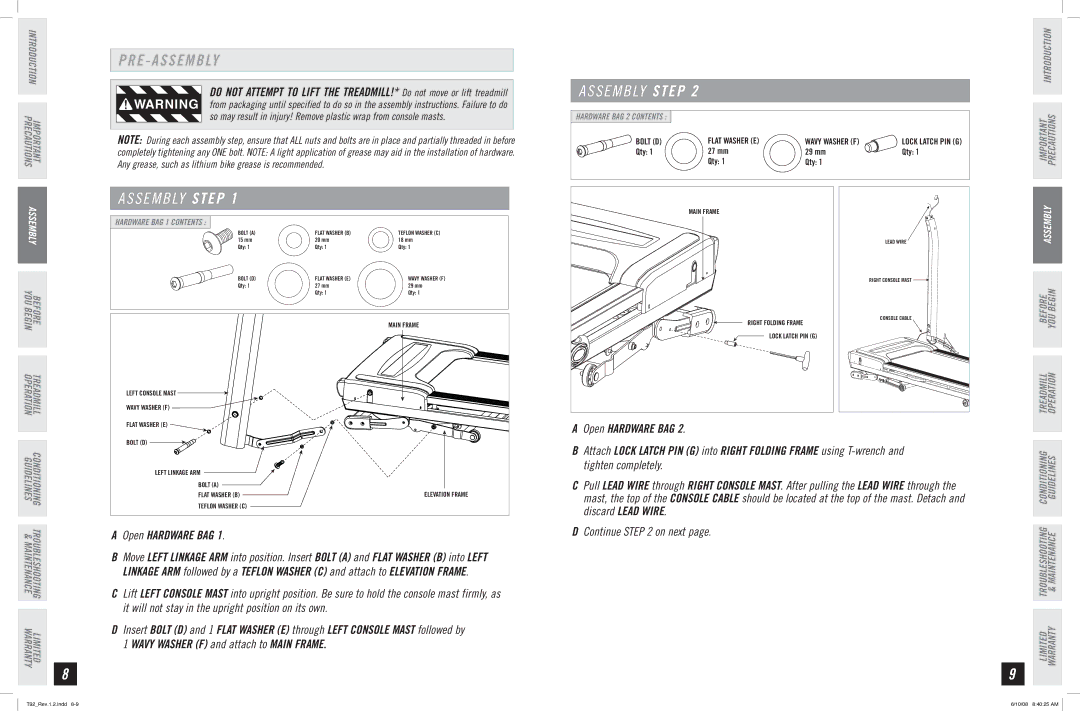 Horizon Fitness T92 manual E a S S E M B LY, Open Hardware Bag 