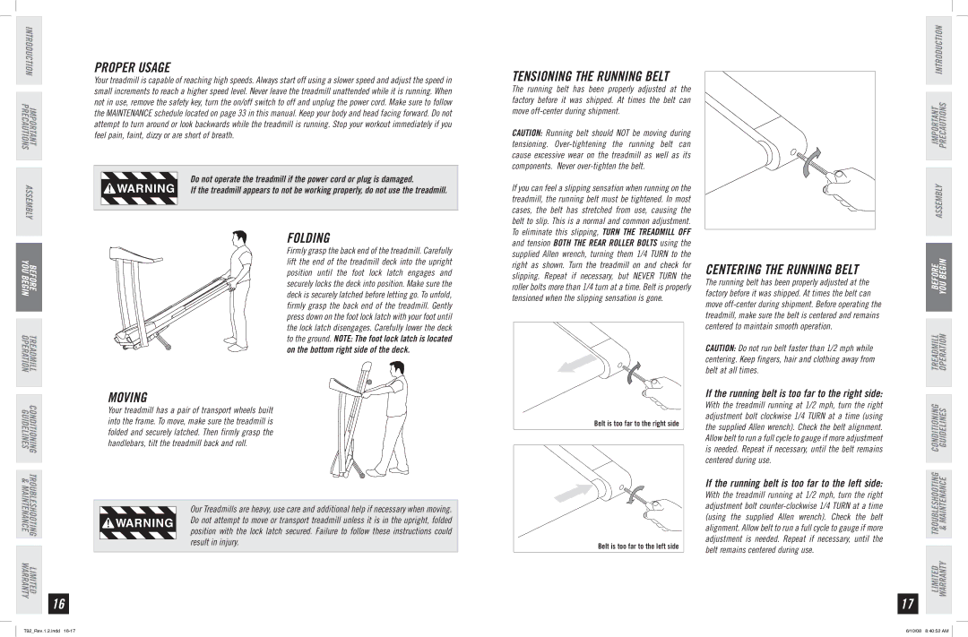 Horizon Fitness T92 manual Proper Usage, Folding, Moving 