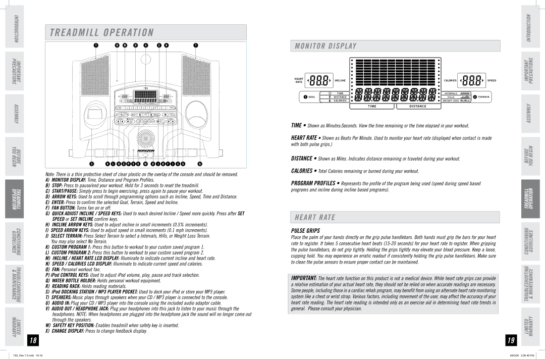 Horizon Fitness T93 manual Treadmill Operation, Monitor Display, Heart Rate, Pulse Grips 