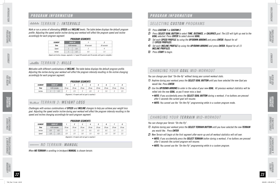 Horizon Fitness T93 manual Terrain 1 Intervals, Terrain 2 Hills, Terrain 3 Weight Loss, No Terrain Manual 