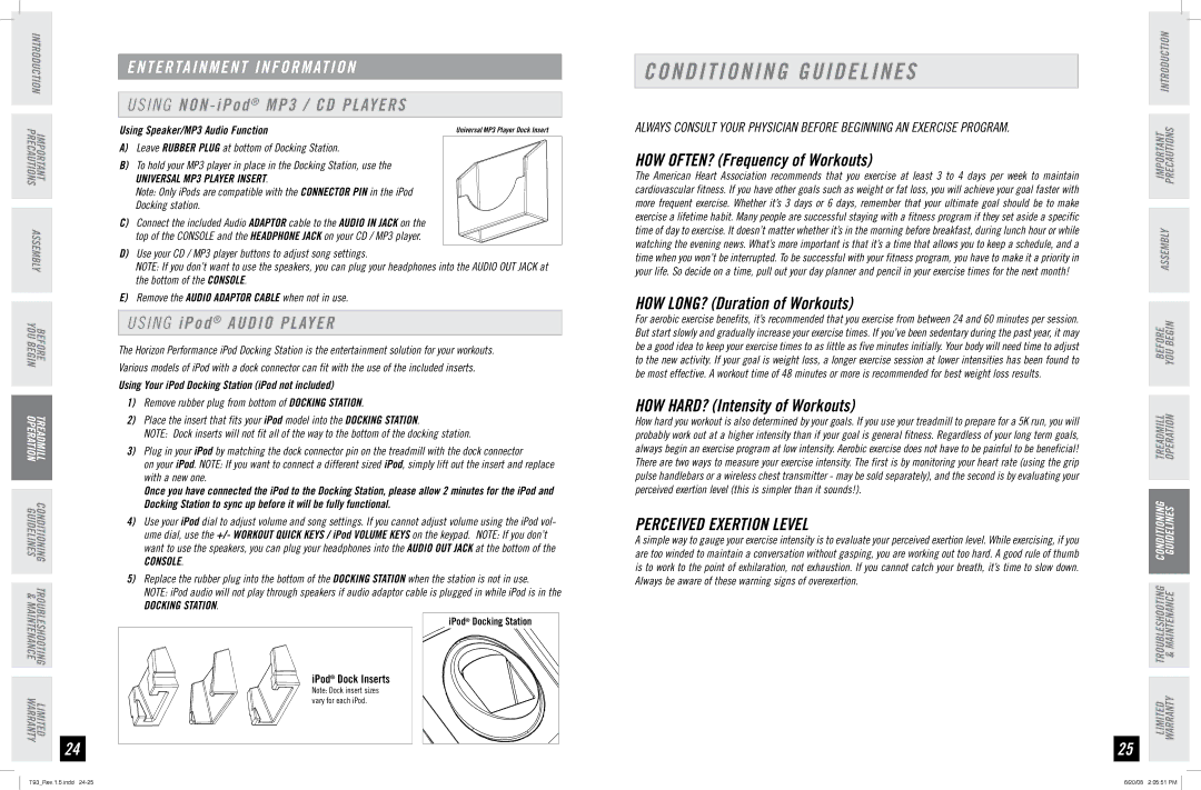 Horizon Fitness T93 Conditioning Guidelines, Perceived Exertion Level, Using Speaker/MP3 Audio Function, Docking station 