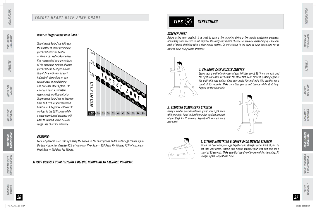 Horizon Fitness T93 manual Target Heart Rate Zone Chart, P S Stretching, Stretch First, Standing Calf Muscle Stretch 