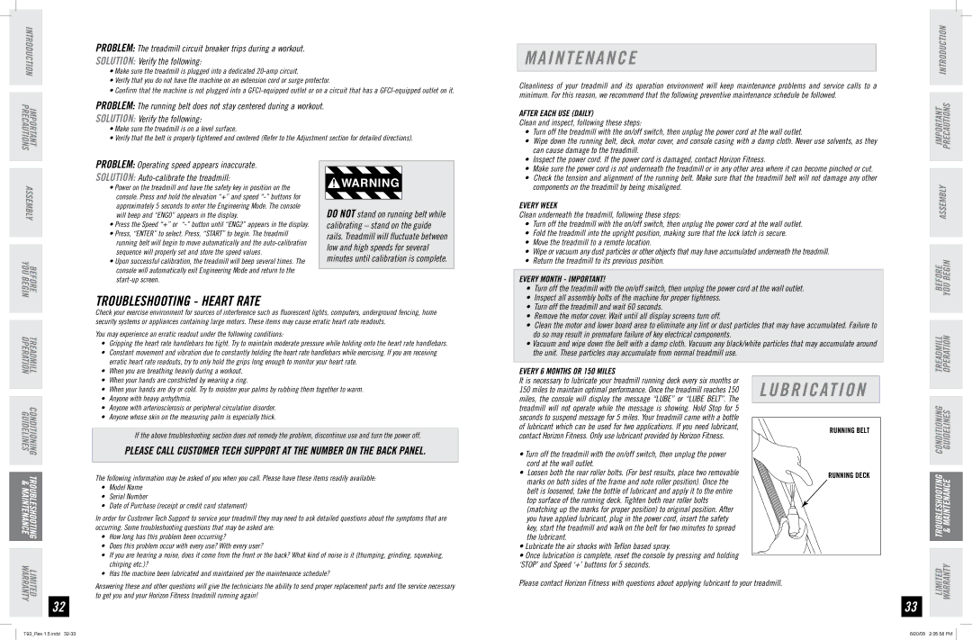 Horizon Fitness T93 manual I N T E N a N C E, Troubleshooting Heart Rate 