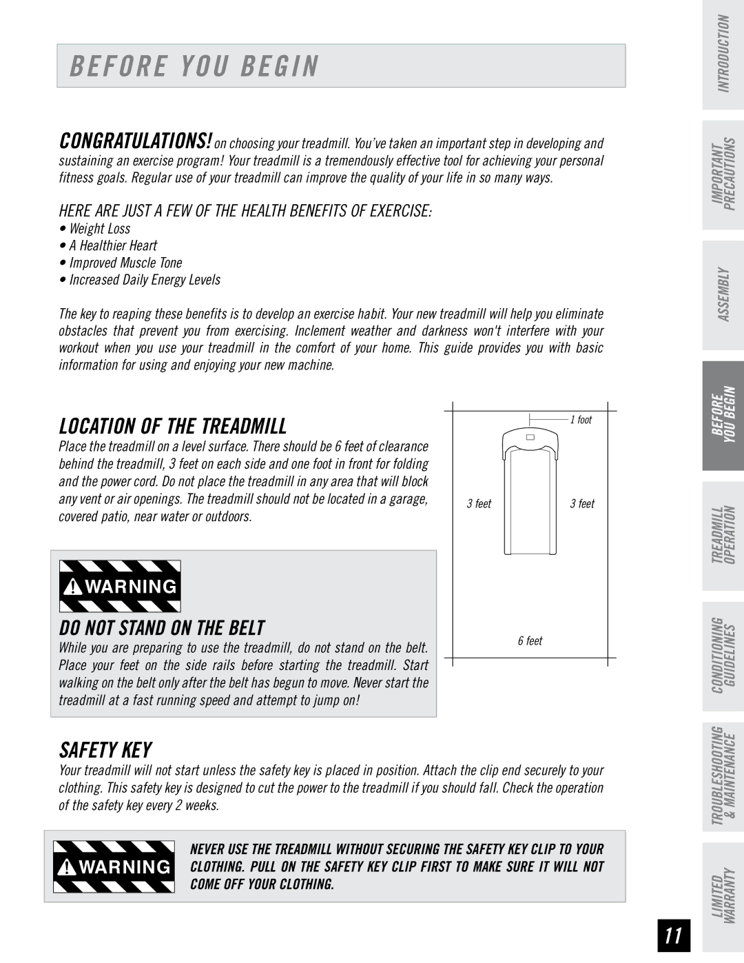 Horizon Fitness T95 manual Before YOU Begin, Location of the Treadmill, Safety KEY 