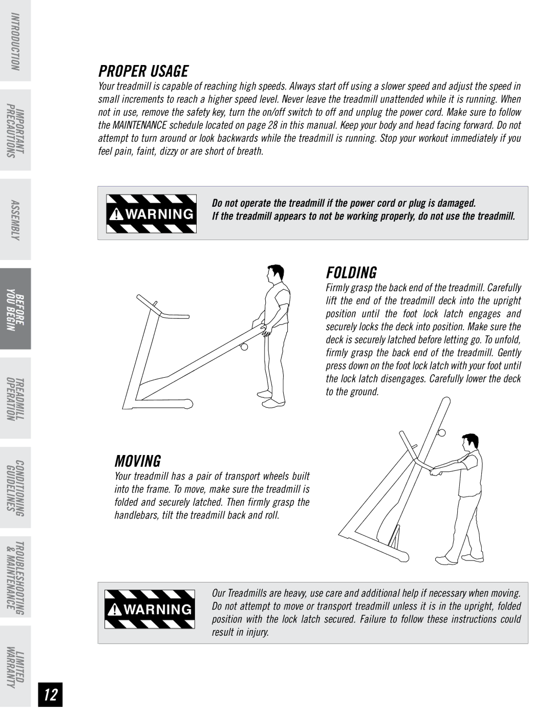 Horizon Fitness T95 manual Proper Usage, Folding, Moving, Result in injury 