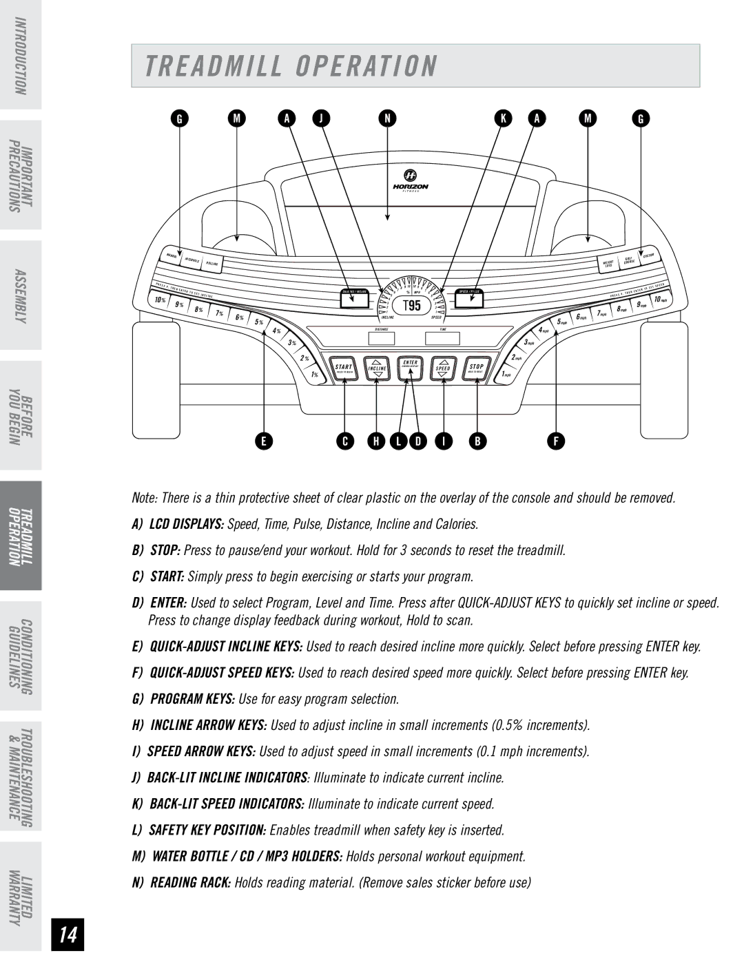 Horizon Fitness T95 manual Treadmill Operation, Before YOU Begin 