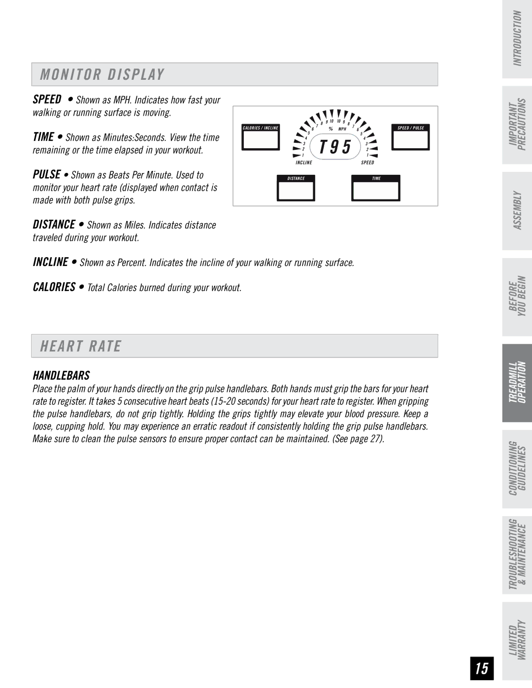 Horizon Fitness T95 manual Monitor Display, Heart Rate, Handlebars 