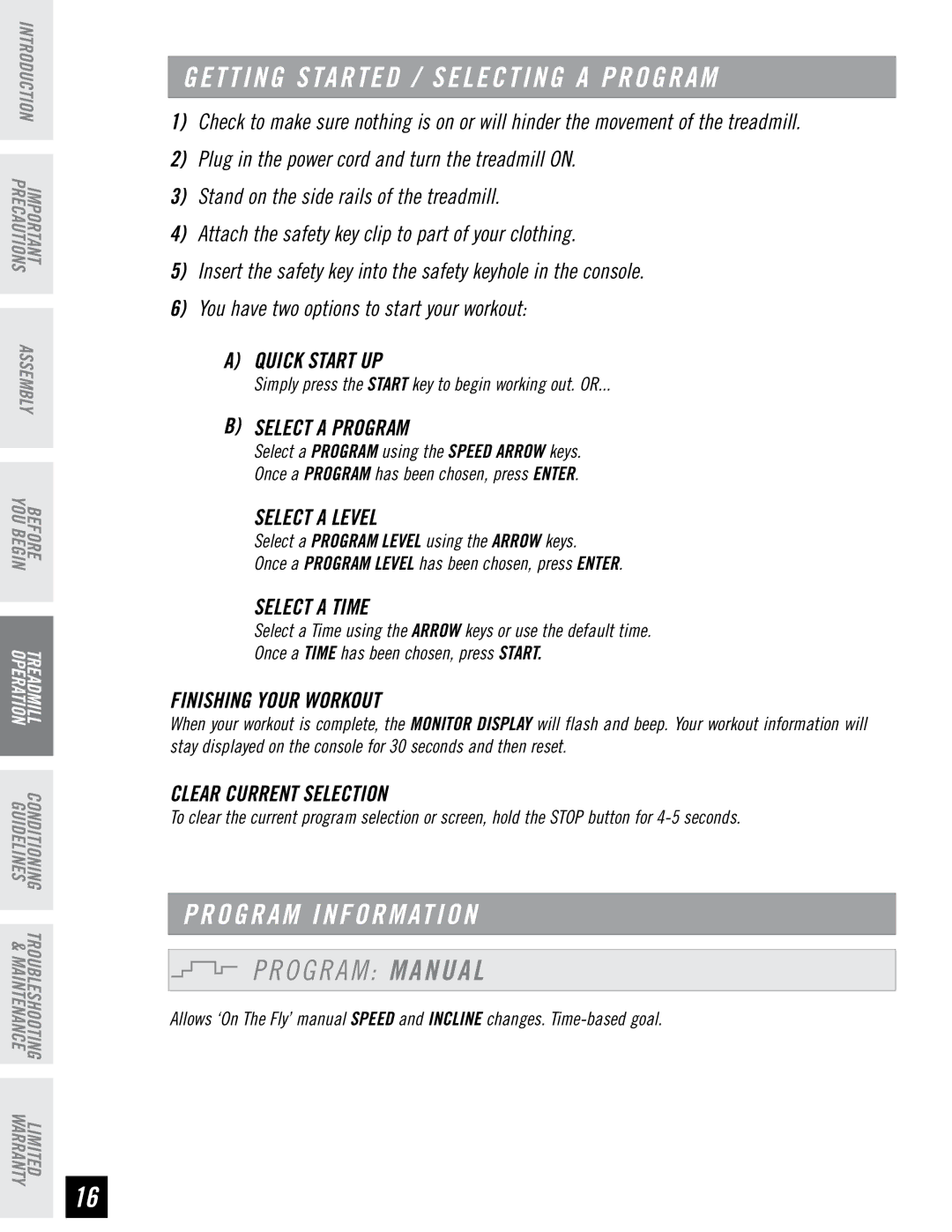 Horizon Fitness T95 manual O G R a M Manual, Select a Level, Select a Time, Clear Current Selection 