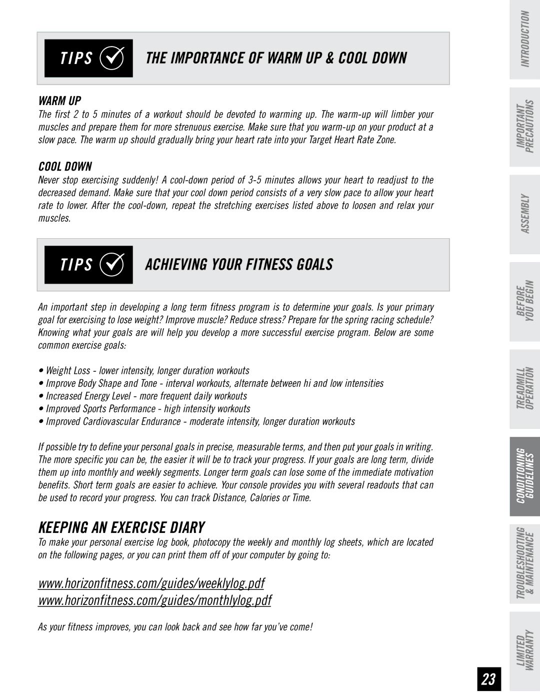 Horizon Fitness T95 manual P S Achieving Your Fitness Goals, Keeping AN Exercise Diary, Warm UP, Cool Down 