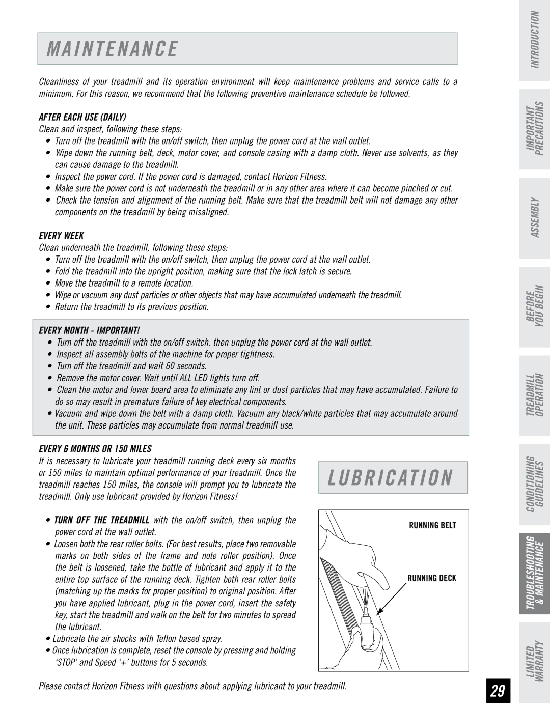 Horizon Fitness T95 manual I N T E N a N C E, After Each USE Daily 