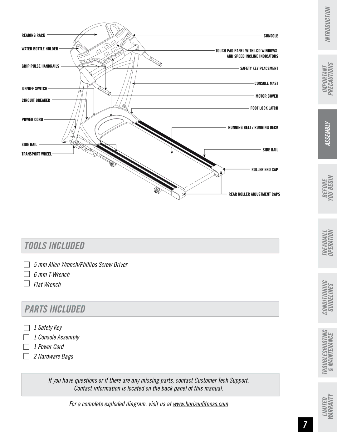 Horizon Fitness T95 manual Tools Included, Parts Included, Mm Allen Wrench/Phillips Screw Driver 