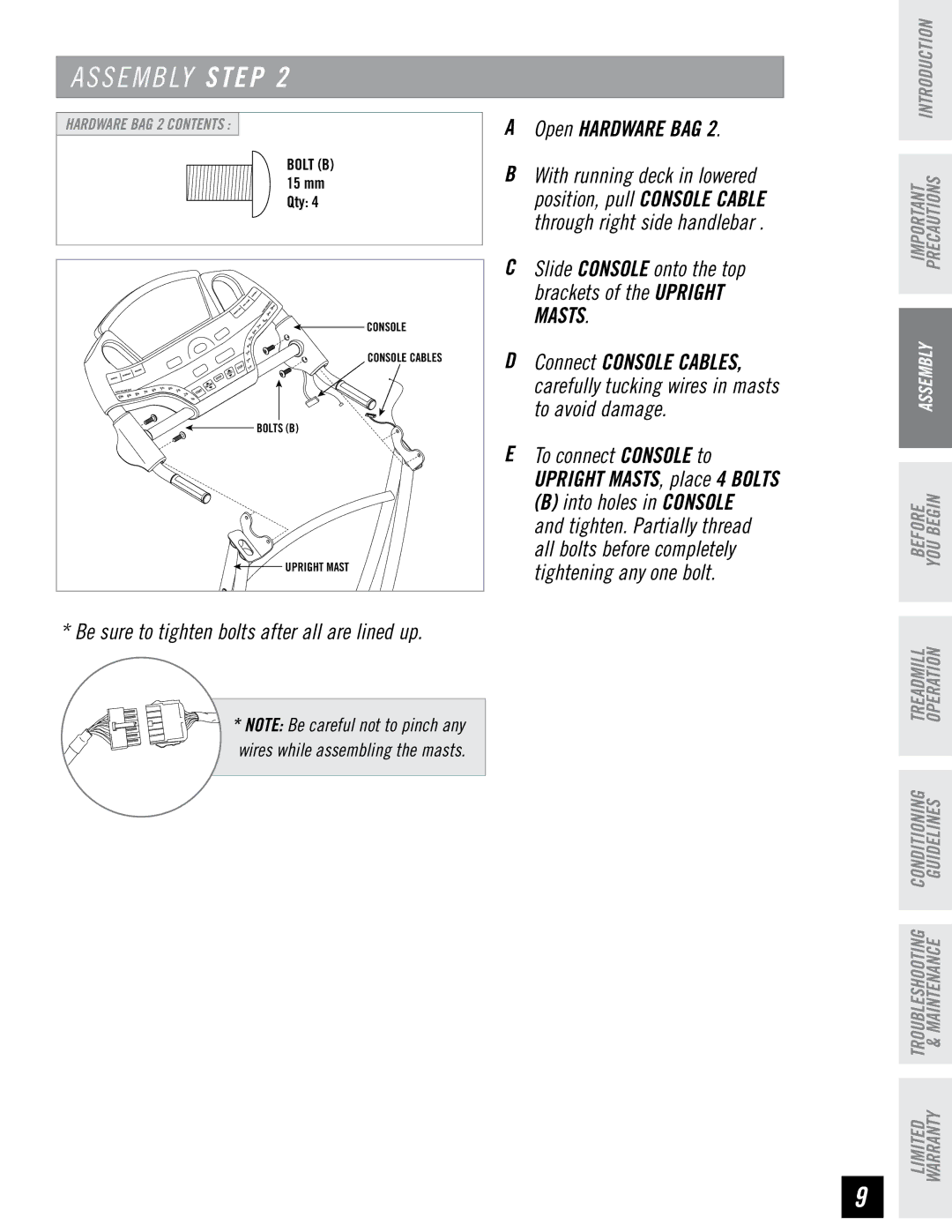 Horizon Fitness T95 Slide Console onto the top brackets of the upright masts, Into holes in Console, Open Hardware BAG 