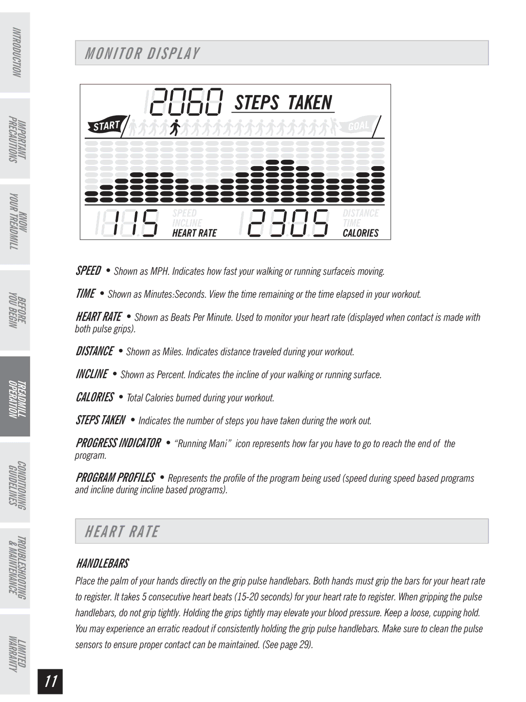 Horizon Fitness Ti 10K manual Monitor Display, Heart Rate, Steps Taken, Handlebars 