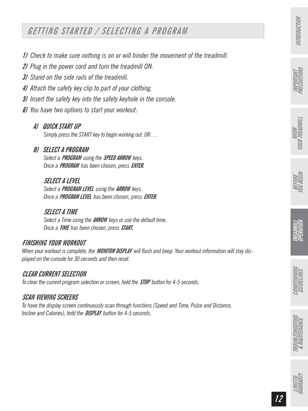 Horizon Fitness Ti 10K manual Getting Started / Selecting a Program 