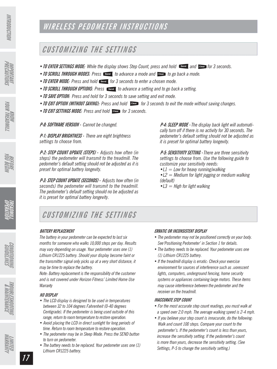 Horizon Fitness Ti 10K manual Customizing the Settings, Battery Replacement 