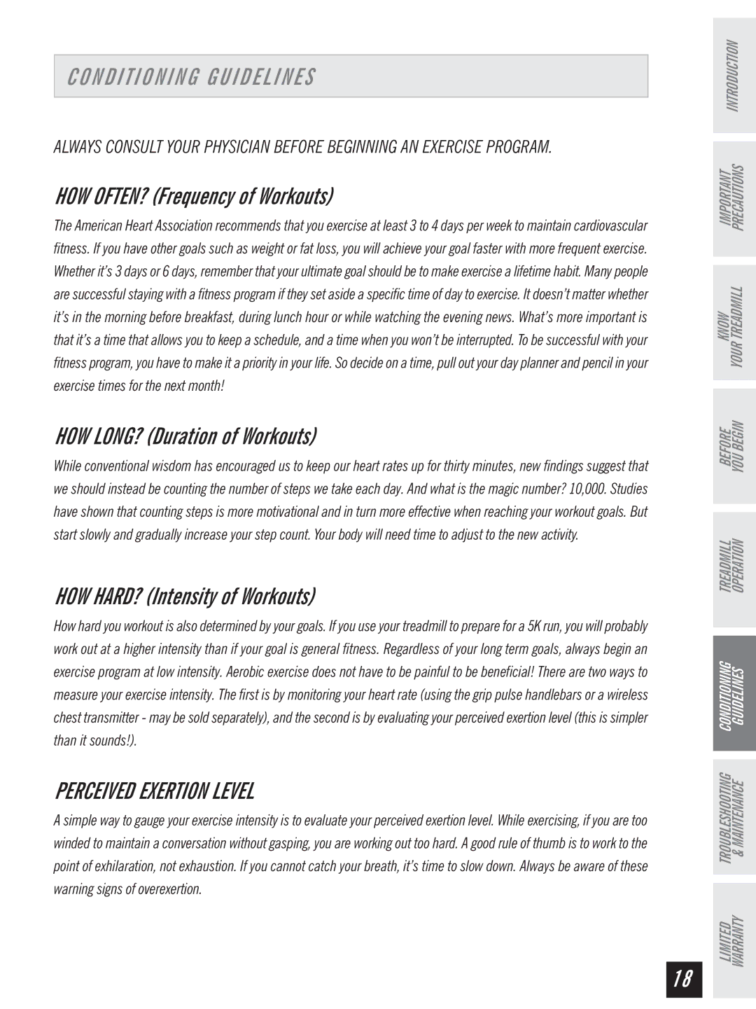 Horizon Fitness Ti 10K manual Conditioning Guidelines, Perceived Exertion Level 