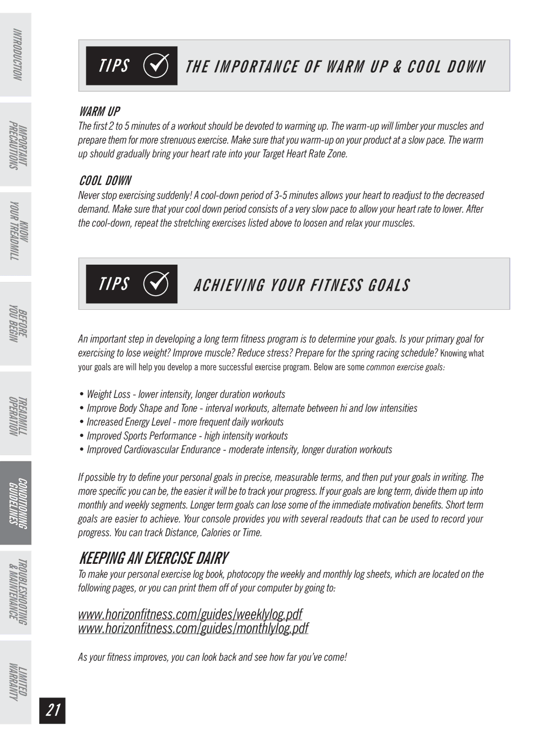 Horizon Fitness Ti 10K manual Achieving Your Fitness Goals, Keeping AN Exercise Dairy, Warm UP, Cool Down 