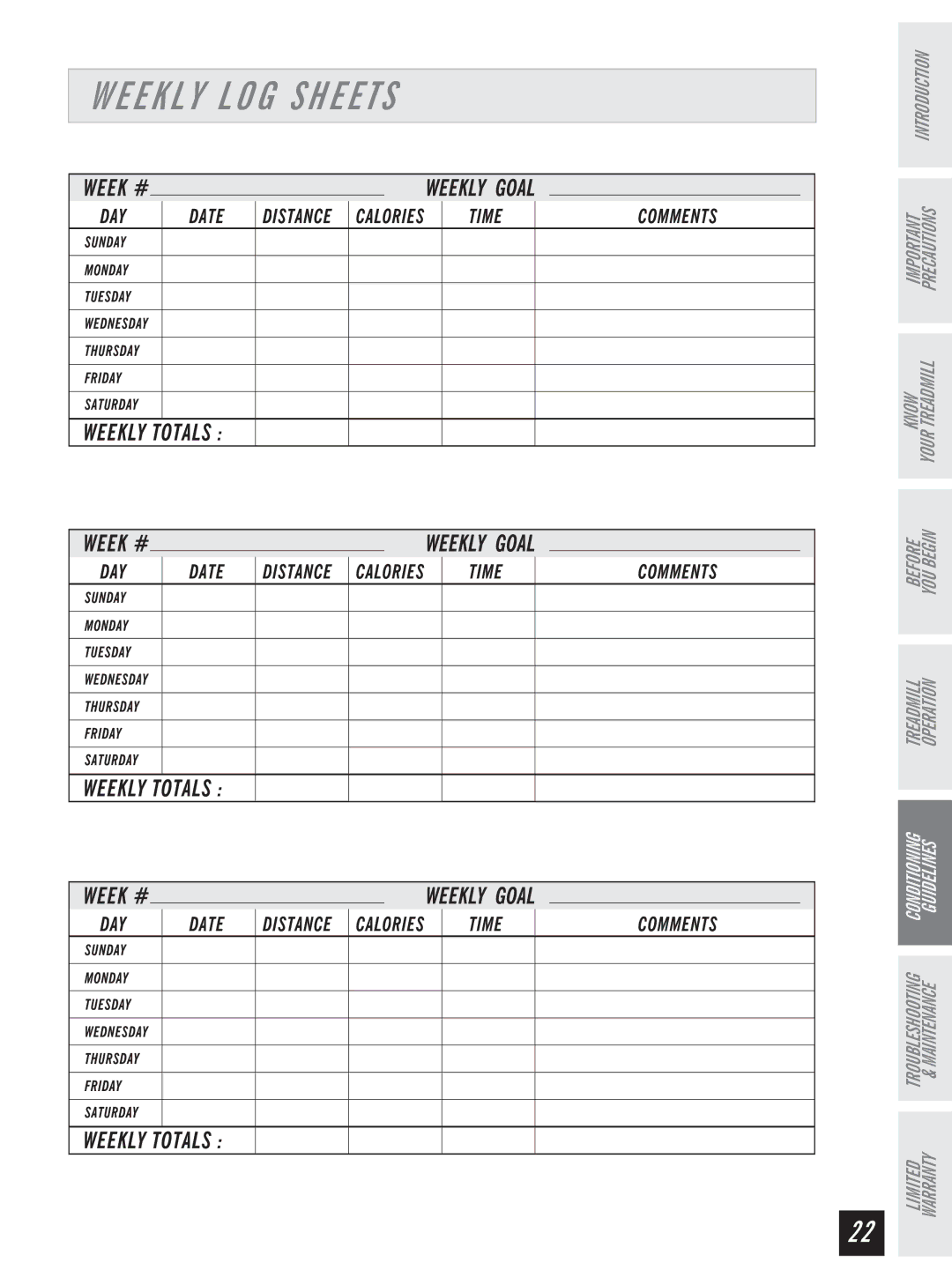 Horizon Fitness Ti 10K manual Weekly LOG Sheets 