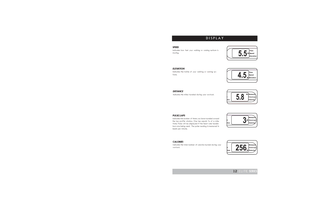 Horizon Fitness TREADMILL ELITE manual Speed, Elevation, Distance, Pulse/Laps, Calories 