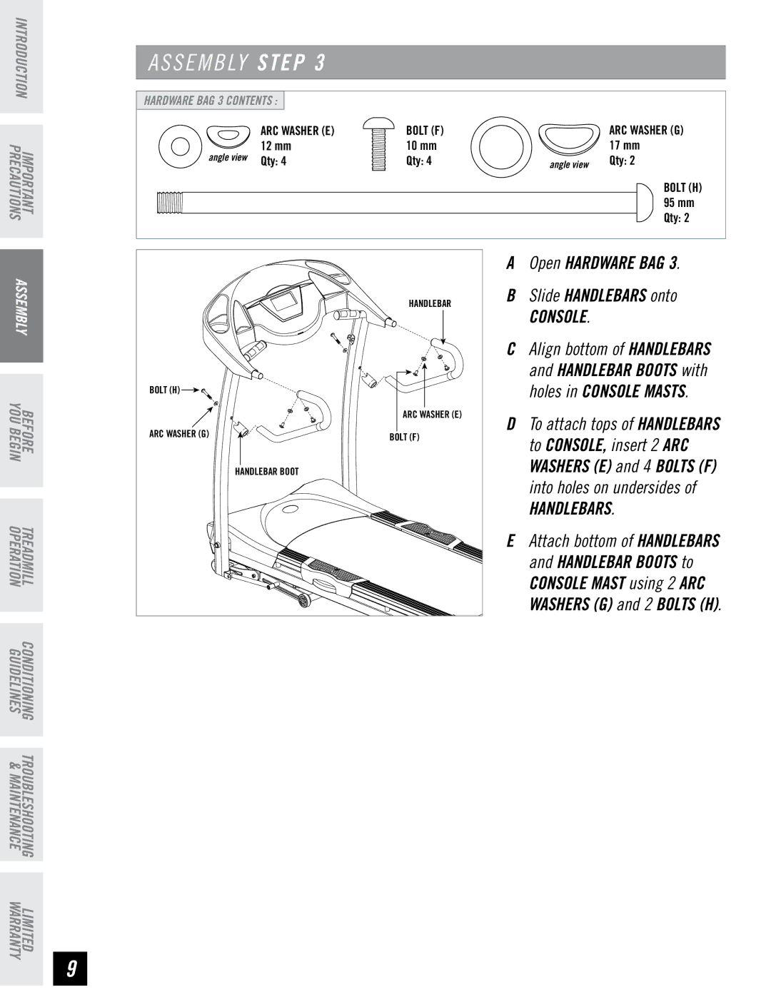 Horizon Fitness WT751 manual Open Hardware Bag Slide Handlebars onto, Console 