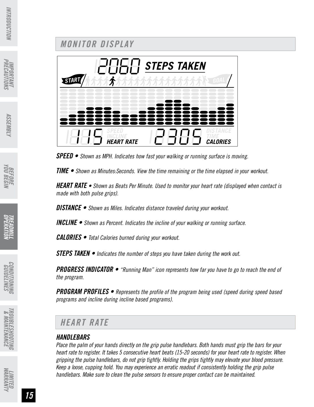 Horizon Fitness WT751 manual Monitor Display, Heart Rate, Handlebars 