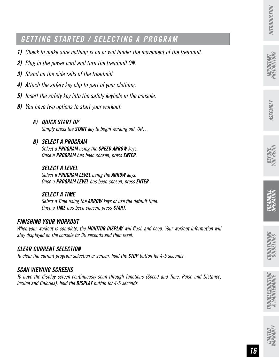 Horizon Fitness WT751 manual Getting Started / Selecting a Program, Select a Level, Select a Time, Clear Current Selection 