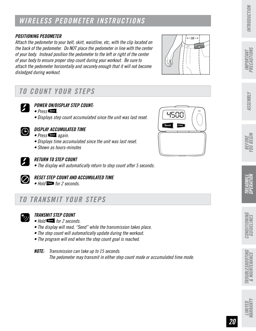 Horizon Fitness WT751 manual Wireless Pedometer Instructions, To Count Your Steps, To Transmit Your Steps 