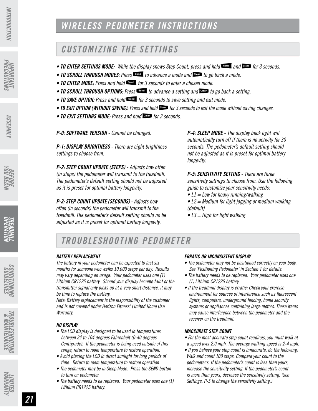 Horizon Fitness WT751 manual Customizing the Settings, Troubleshooting Pedometer 