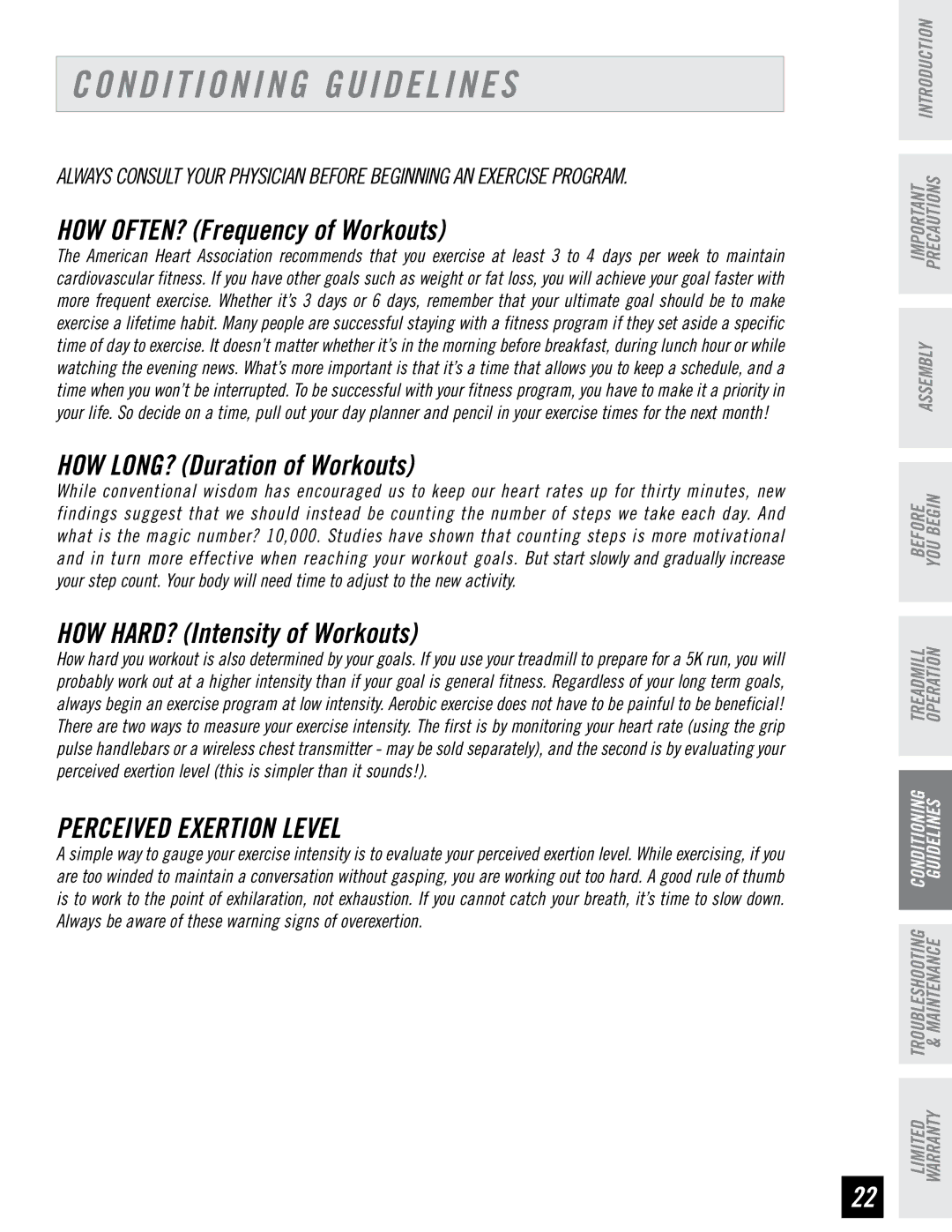 Horizon Fitness WT751 manual Conditioning Guidelines, Perceived Exertion Level 