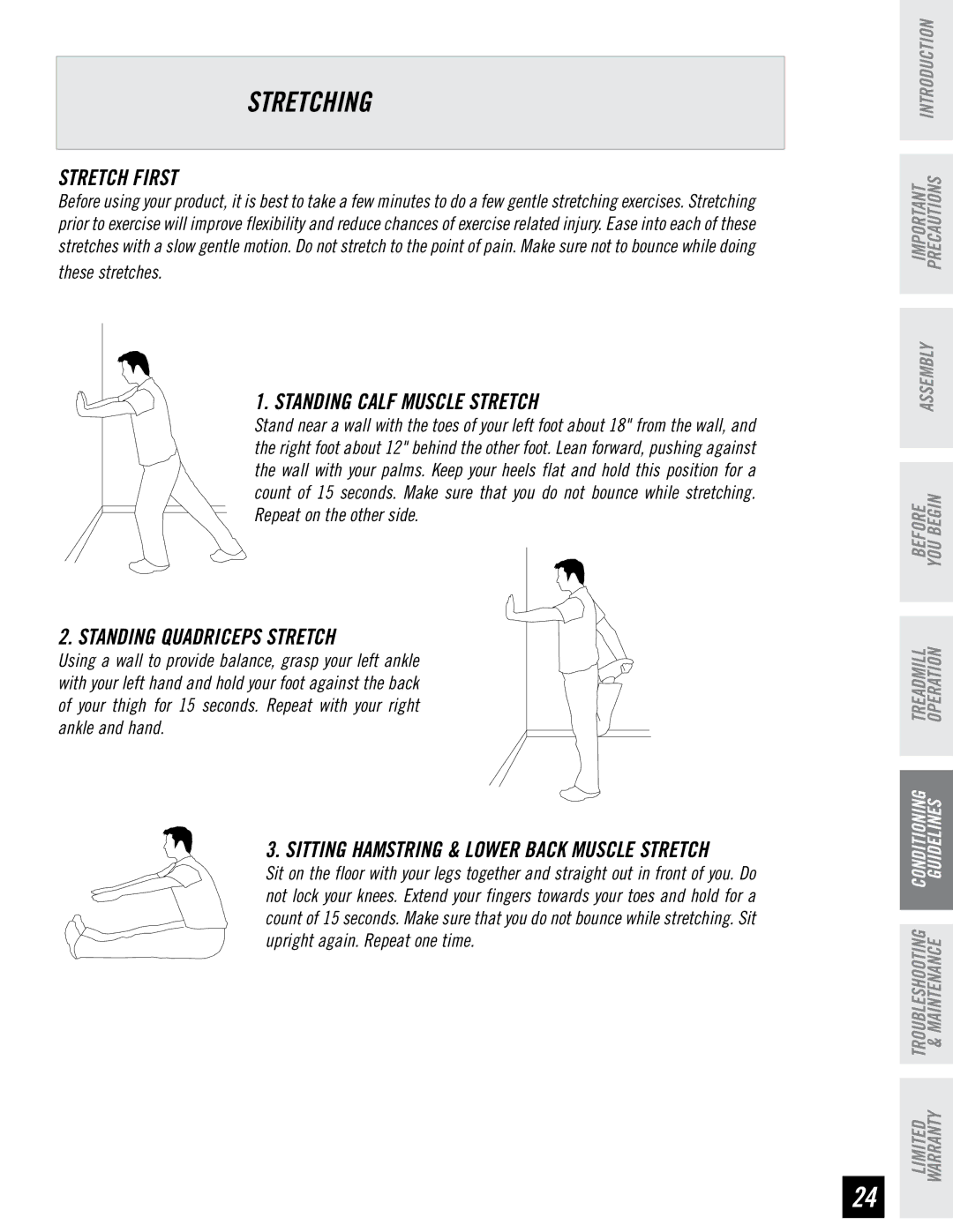 Horizon Fitness WT751 manual Stretching, Stretch First, Standing Calf Muscle Stretch, Standing Quadriceps Stretch 