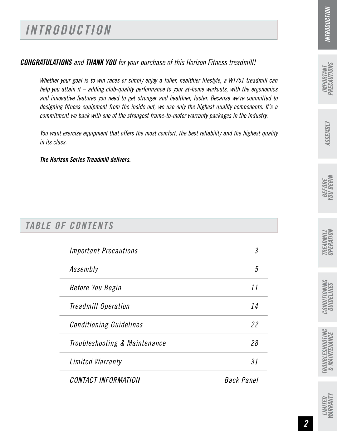 Horizon Fitness WT751 manual T R O D U C T I O N, Table of Contents 