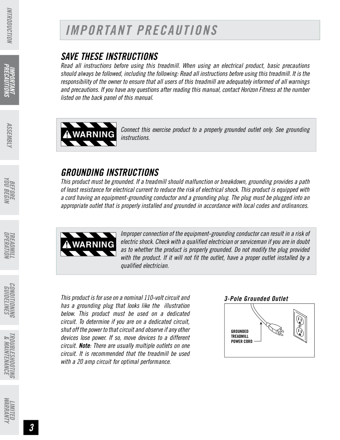 Horizon Fitness WT751 manual Important Precautions, Grounding Instructions 