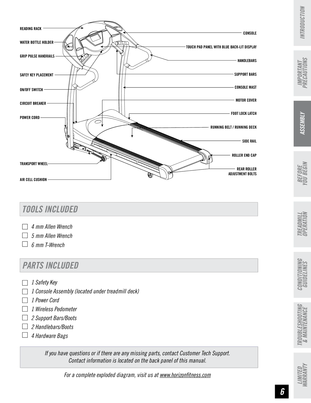 Horizon Fitness WT751 manual Tools Included, Parts Included 