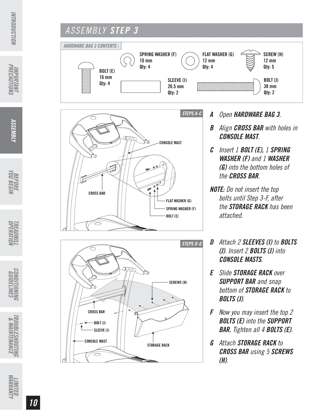 Horizon Fitness WT950 manual Console Masts 