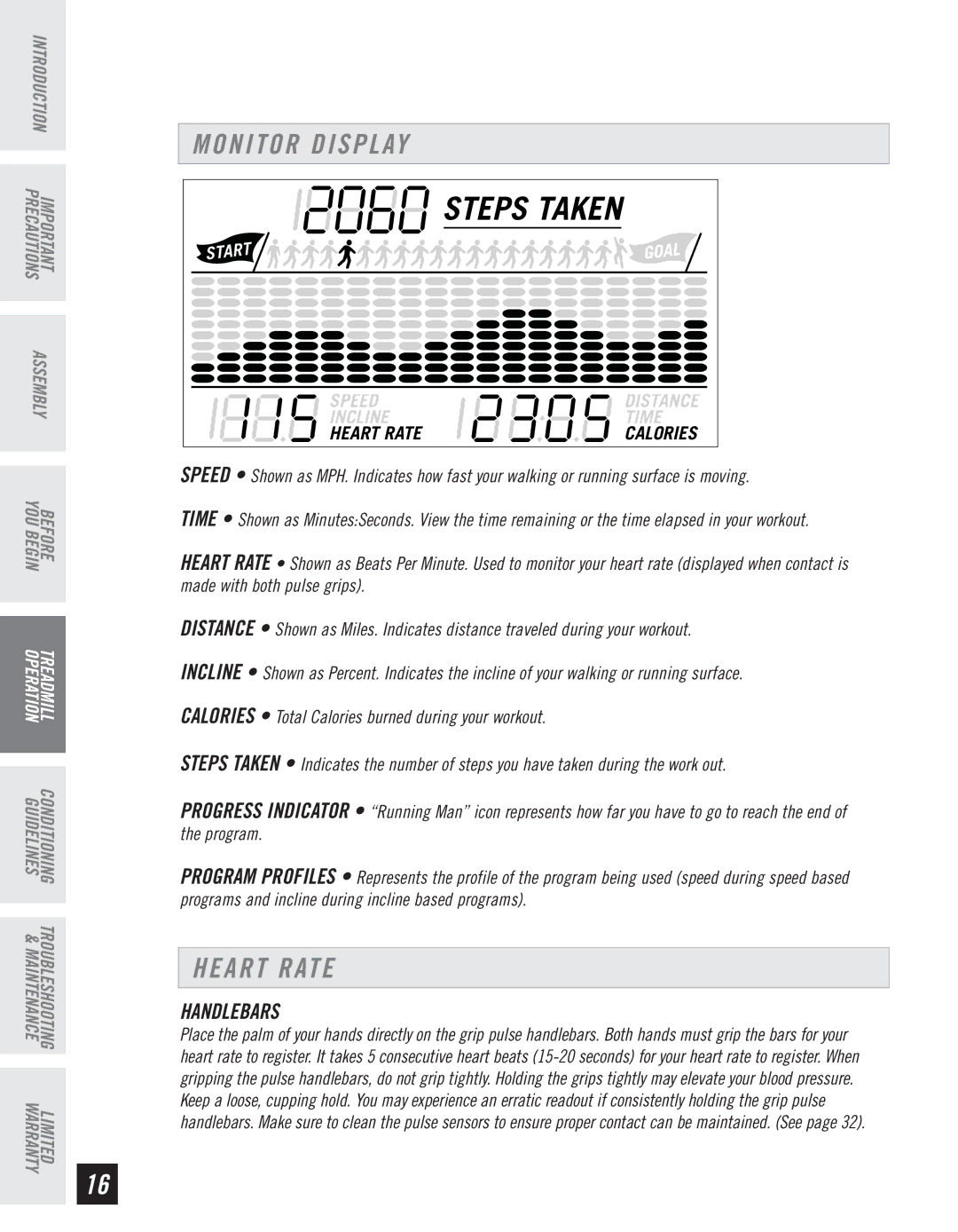 Horizon Fitness WT950 manual Monitor Display, Heart Rate, Handlebars 