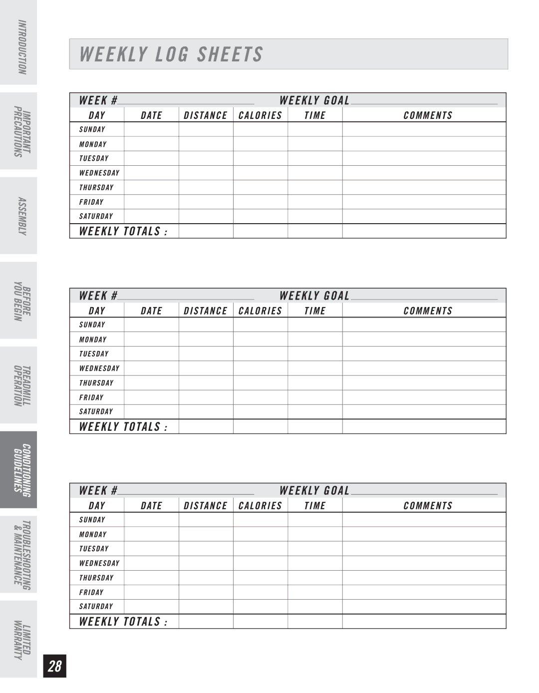 Horizon Fitness WT950 manual Week # Weekly Goal 