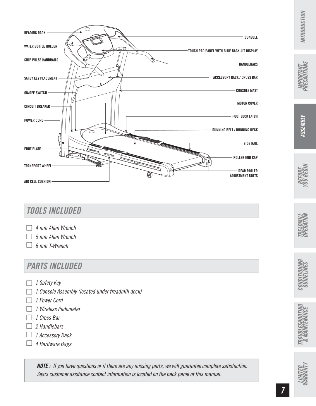 Horizon Fitness WT950 manual Tools Included, Parts Included 