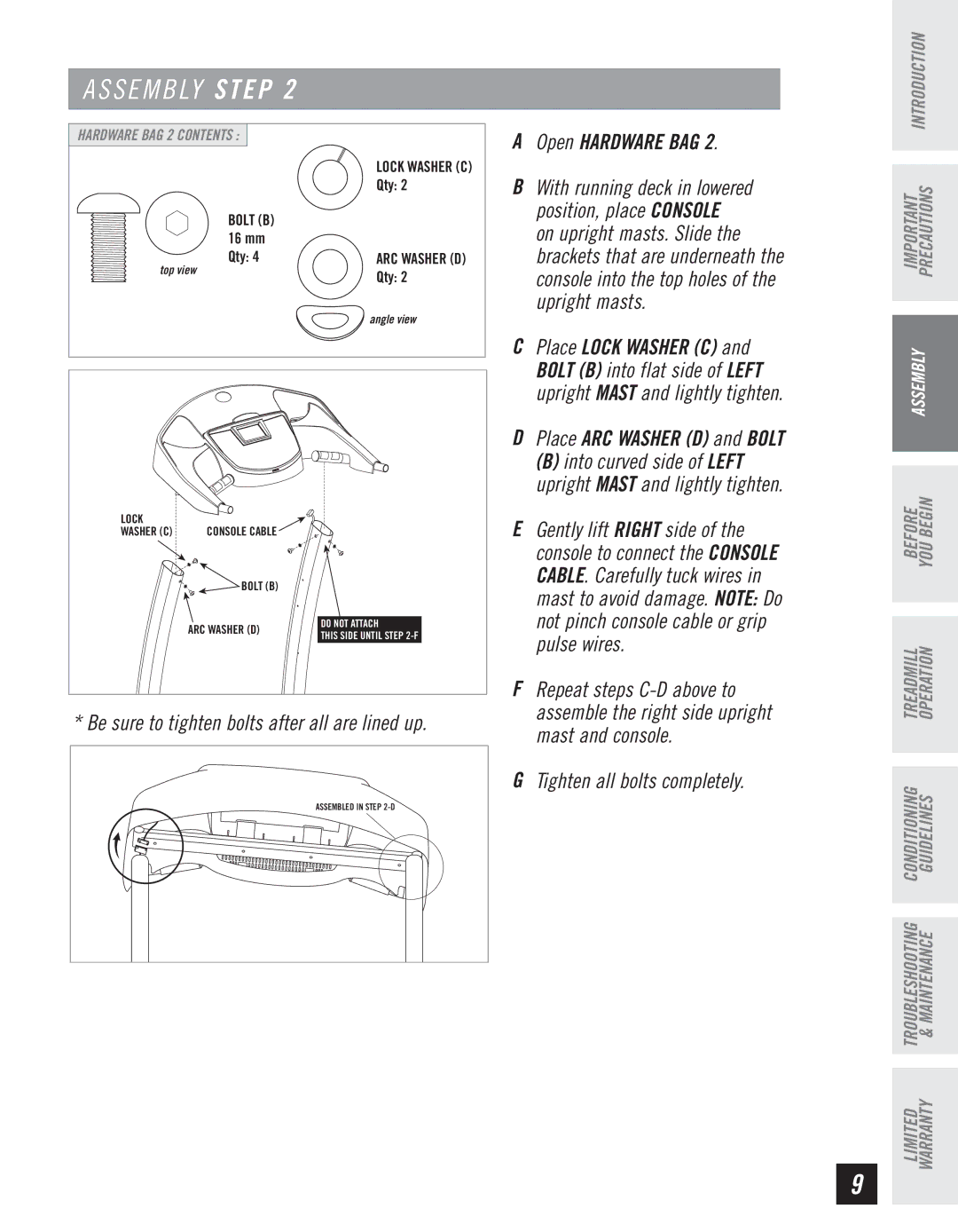 Horizon Fitness WT950 manual Place ARC Washer D and Bolt 