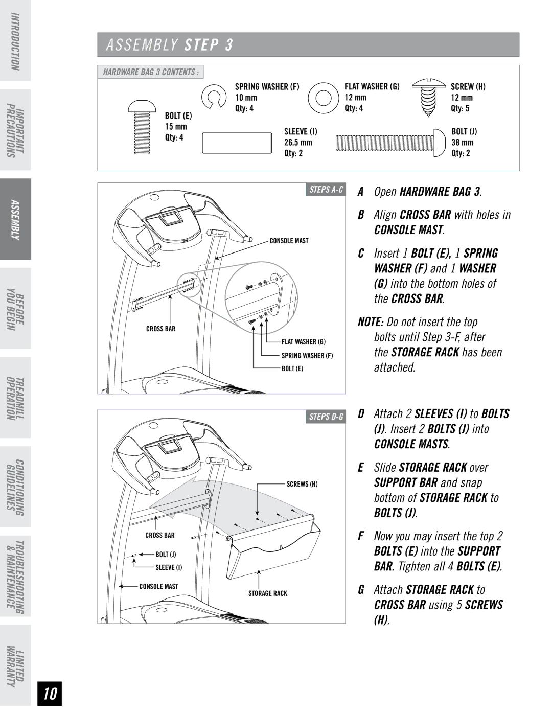 Horizon Fitness WT951 manual Insert 2 Bolts J into, Console Masts 