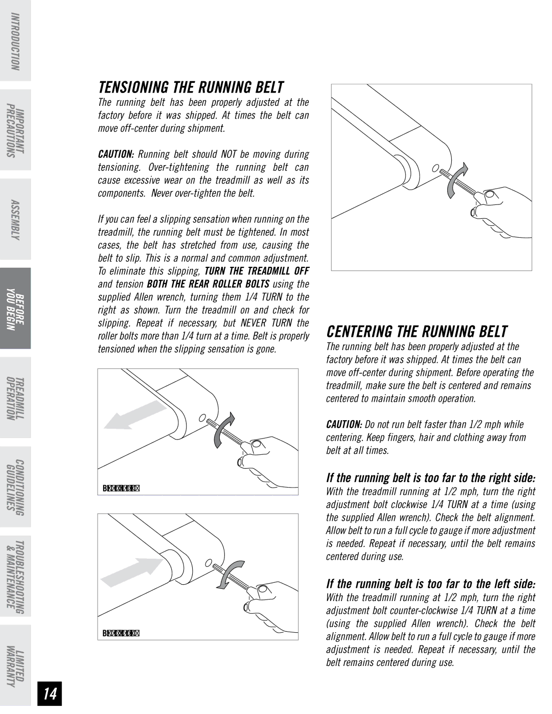 Horizon Fitness WT951 manual TENSIONING­THE Running Belt 