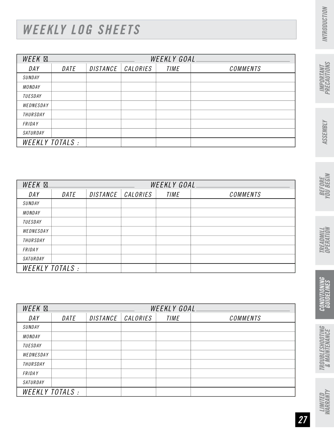 Horizon Fitness WT951 manual Weekly LOG Sheets, Weekly Totals 